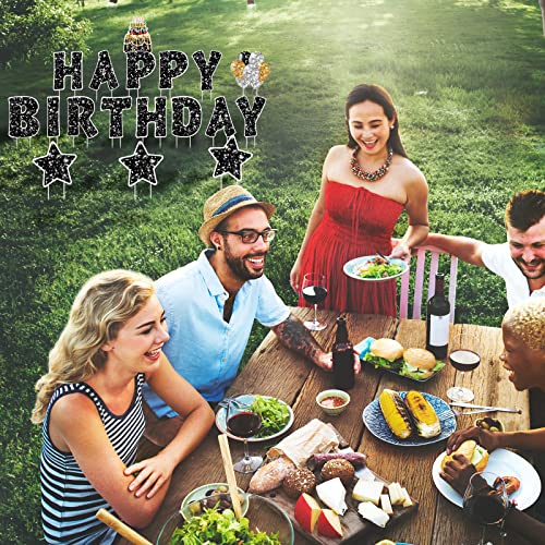 Jetec 18 Pieces Happy Birthday Yard Signs with Stakes, 16 Inches Birthday Outdoor Lawn Signs, Cake Balloon Patio Decorations, Garden Lawn Decorations for Party Outdoor Decor(Black)