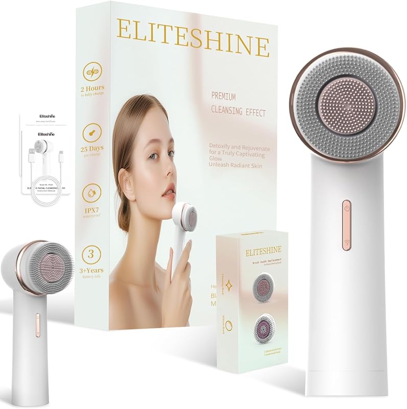 Escova elétrica para limpeza facial Eliteshine com cabeça de silicone e cabeça de cerdas, recarregável, branca