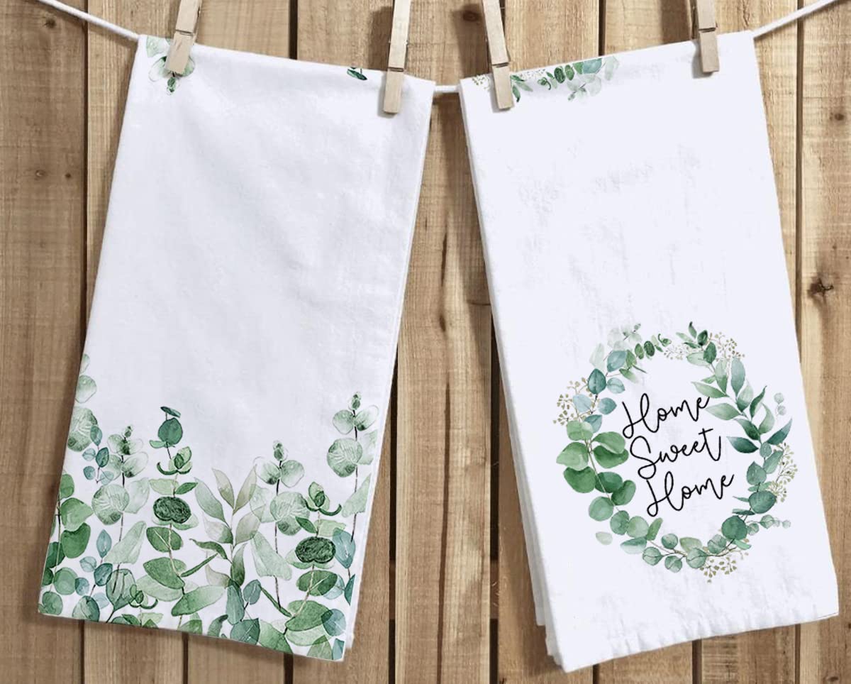 Juego de 2 paños de cocina de acuarela con hojas de eucalipto Home Sweet Home de 18 x 28 pulgadas, paños de cocina de verano para cocinar y hornear