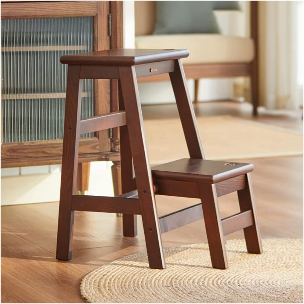 2-Stage Rubberwood Step Ladder 7-Layer Painting Process Hand Polishing Wide and Thickened Pedal Solid Wood Foldable Step Stool Environmentally Friendly