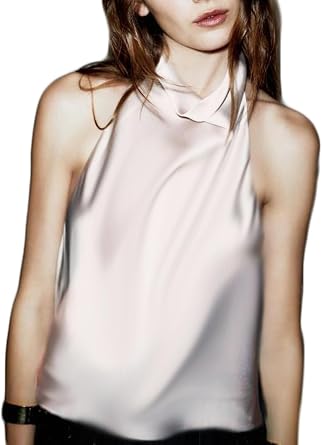 Women Halter Backless Tank Top Sleeveless Mock Neck Cami Top Satin Silky Open Back Camisole Holiday Party Clubwear