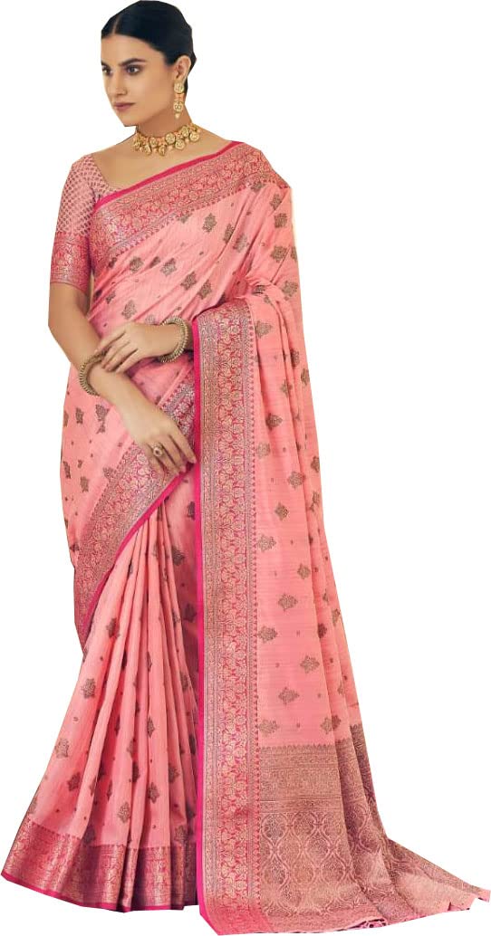 GenericRaj Shree Fashion Banarasi Silk Saree Wending Party Wear Designer Saree Length Saree 5.5 Meter Jacquard Saree Ethnic Wear Woman Unstitched Blouse Piece BAN$5, Baby Pink, One Size