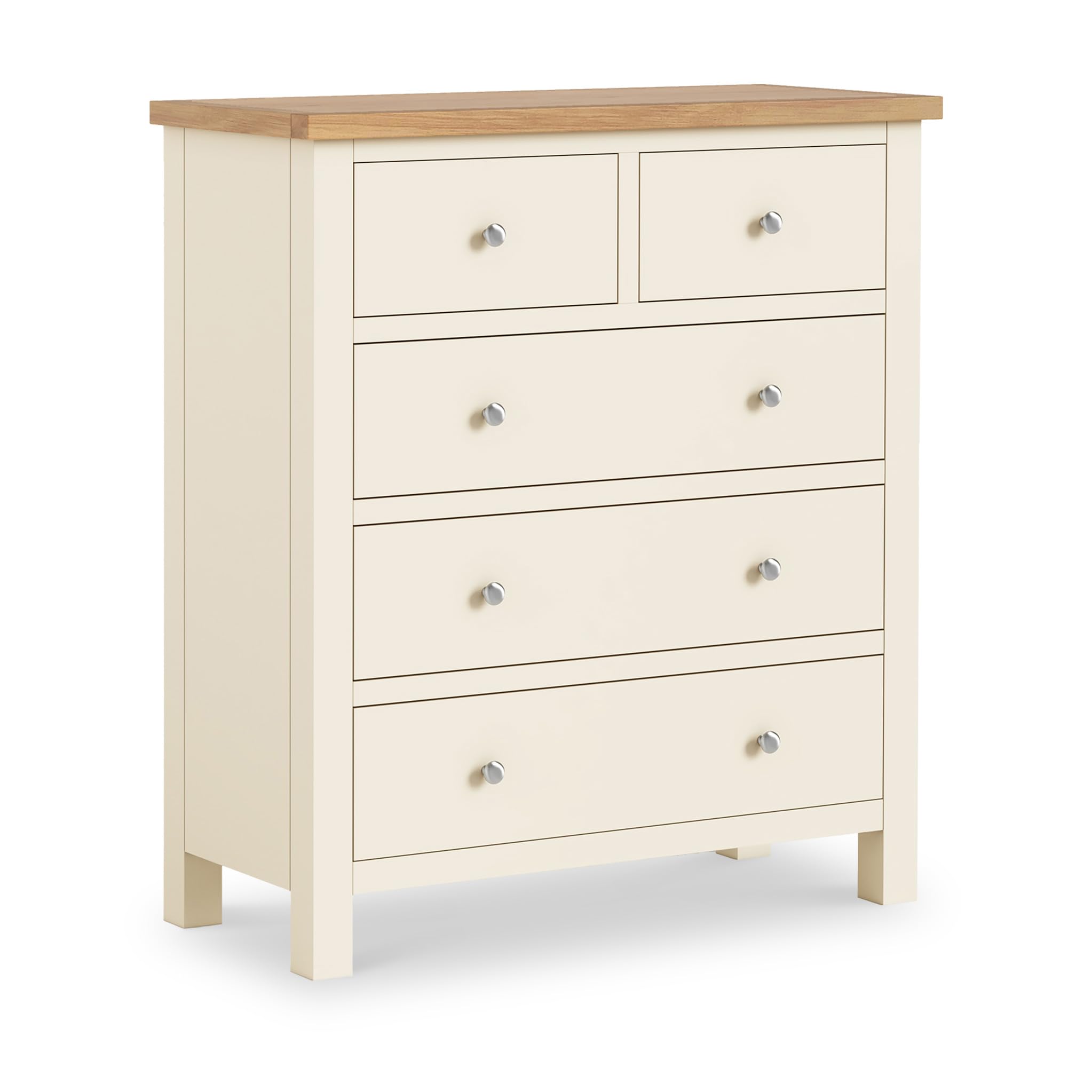 Farrow XL Cream 2 Over 3 Chest Of Drawers for Bedroom with Oak Top | Roseland Furniture Large Country Farmhouse Painted Solid Wood Storage Unit of 5 Draws | Ready Assembled