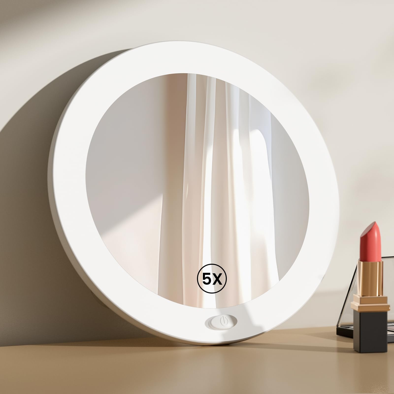 EMKE Cosmetic Mirror with Lighting with 5x Magnifying Mirror, White LED Makeup Mirror with Suction Cup, 165 mm Diameter, Portable Wall Mirror, Battery Operated