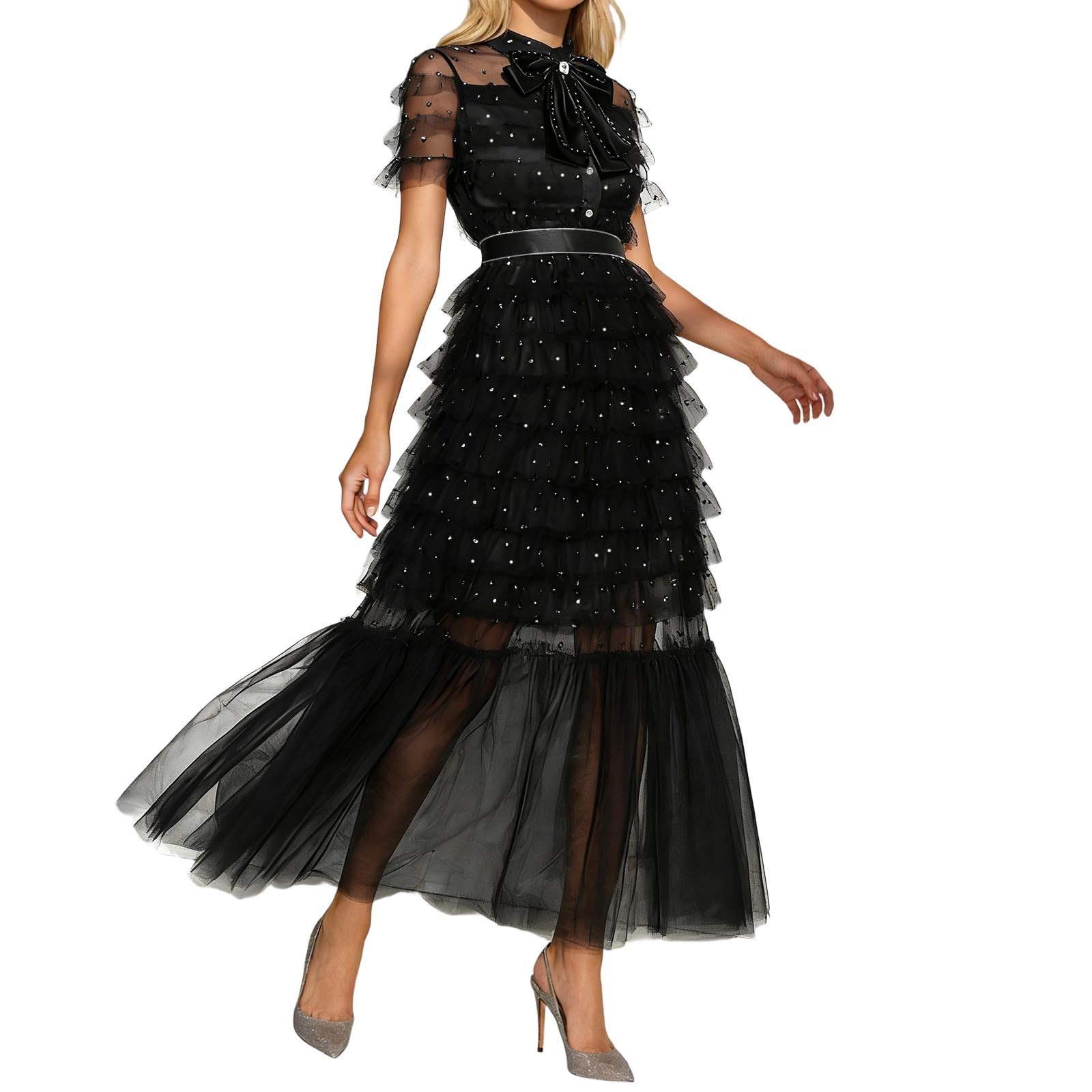 Vestido de noche largo para mujer, vestido de varias capas, malla asimétrica, vestido de tul, manga corta, cuello redondo, túnica, línea A, malla, vestido de cóctel, boda, fiesta