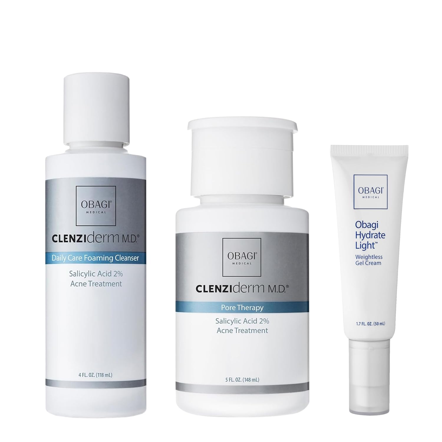 Obagi Medical Acne Treatment Bundle with Foaming Cleanser, Pore Therapy Toner, & Hydrate Light Gel-Cream Moisturizer – Treat Acne, Exfoliate & Unclog Pores with 2% Salicylic Acid