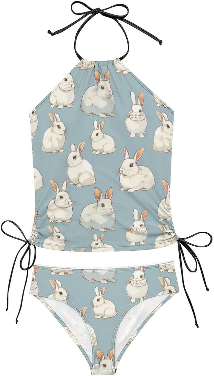 Cute Fat Rabbits Novelty Women's Swimwear Set 2 Pcs Tankini String Swimsuits Bathing Suits