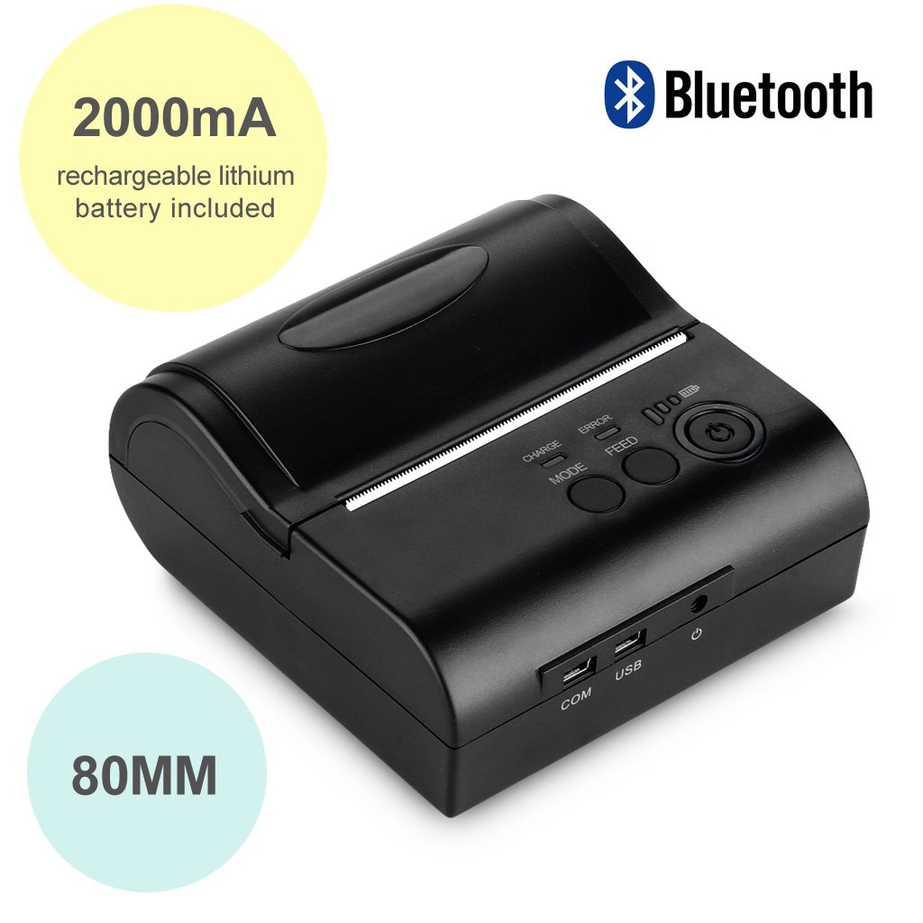 Excelvan Wireless Bluetooth Stampante Termica Portatile Dot Stampante POS 80mm Ricevuta Scontrino USB ESC/POS/STAR per Android Cellulare o Tablet (80mm)