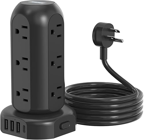 Miniatura 10 de Cable de extensión USB C de 15 pies de largo, torre protectora de sobretensiones, mini regleta de alimentación de viaje de 12 CA 4 USB con puertos