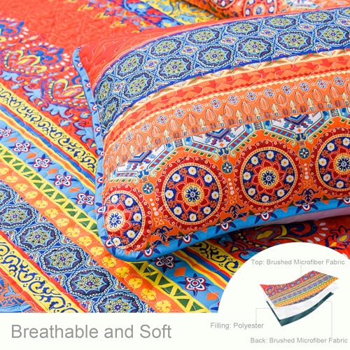 Exclusivo Mezcla Reversible Boho Quilt Set King Size, 3 Pieces Bohemian Blue All Season Bedspreads, Ultra Soft Floral Coverlet Bedding Set with Printed Pattern (1 Quilt, 2 Pillow Shams)