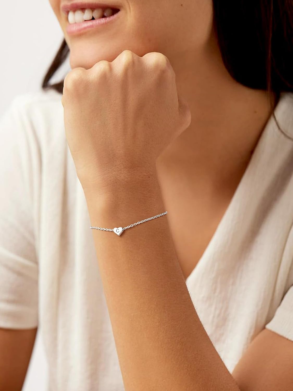 Sterling Silver Heart Letter Bracelets Silver Initial 18K White Gold Plated Bracelet Initial Charm 18K White Gold Plated Dainty Bracelet Jewelry Women Teen Couples Girlfriend - Image 5