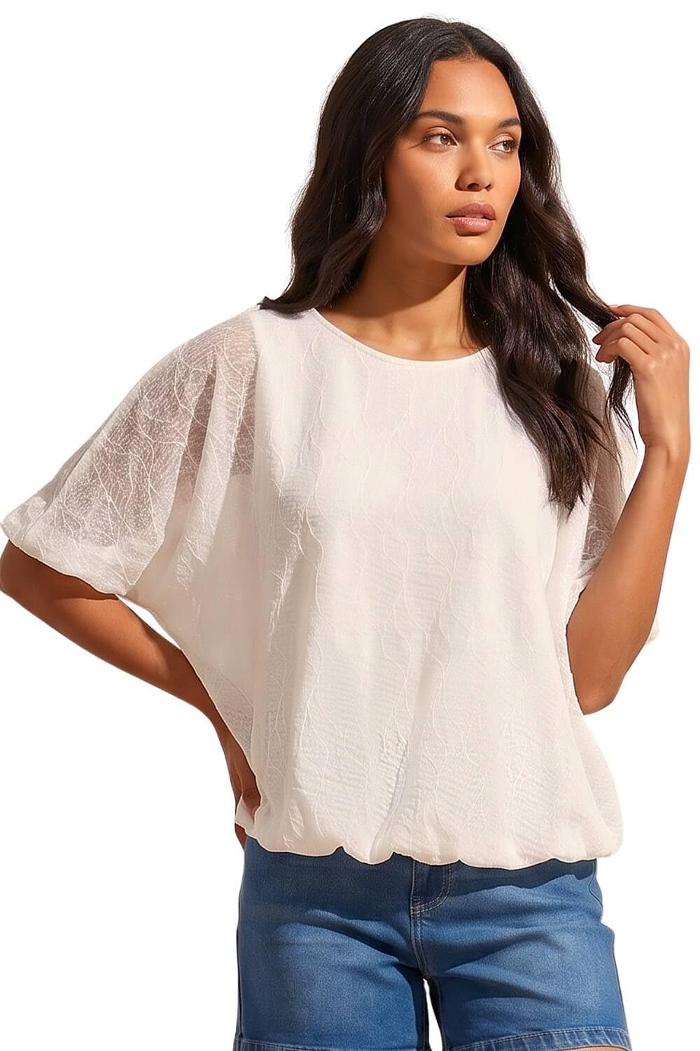 Roman Originals Women's Ivory Mesh Bubble Hem Stretch Top For Uk - Everyday Holiday Spring Summer Round Neckline Comfy Soft Evening Vacation Work Party - Size 18
