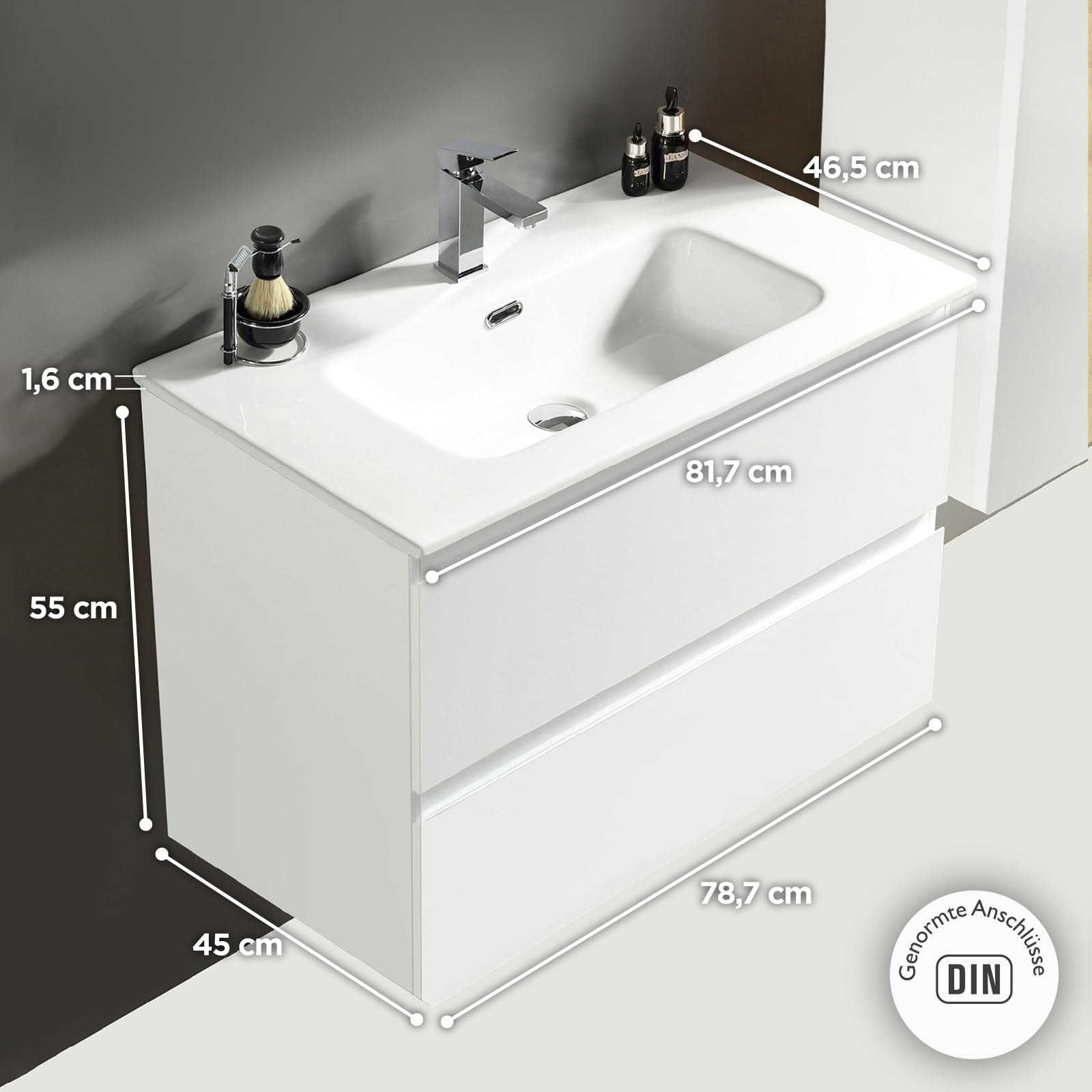 Alpenberger Waschbecken mit Unterschrank 80 cm Breit Weiß Glänzend | Aufsatzwaschbecken Waschbeckenunterschrank | Waschtisch Gäste WC Möbel Set | Waschtischunterschrank Hängend