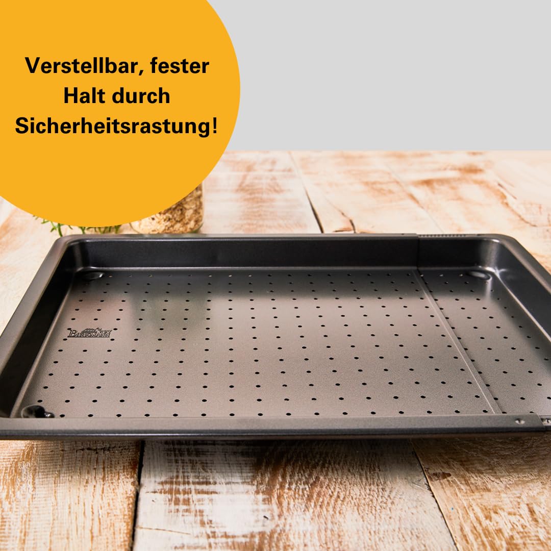 Birkmann, Laib & Seele, Backblech perforiert und verstellbar, 36-52 x 33 cm, für knusprige Böden, Antihaftbeschichtung und Rezeptvorschlag, 210585