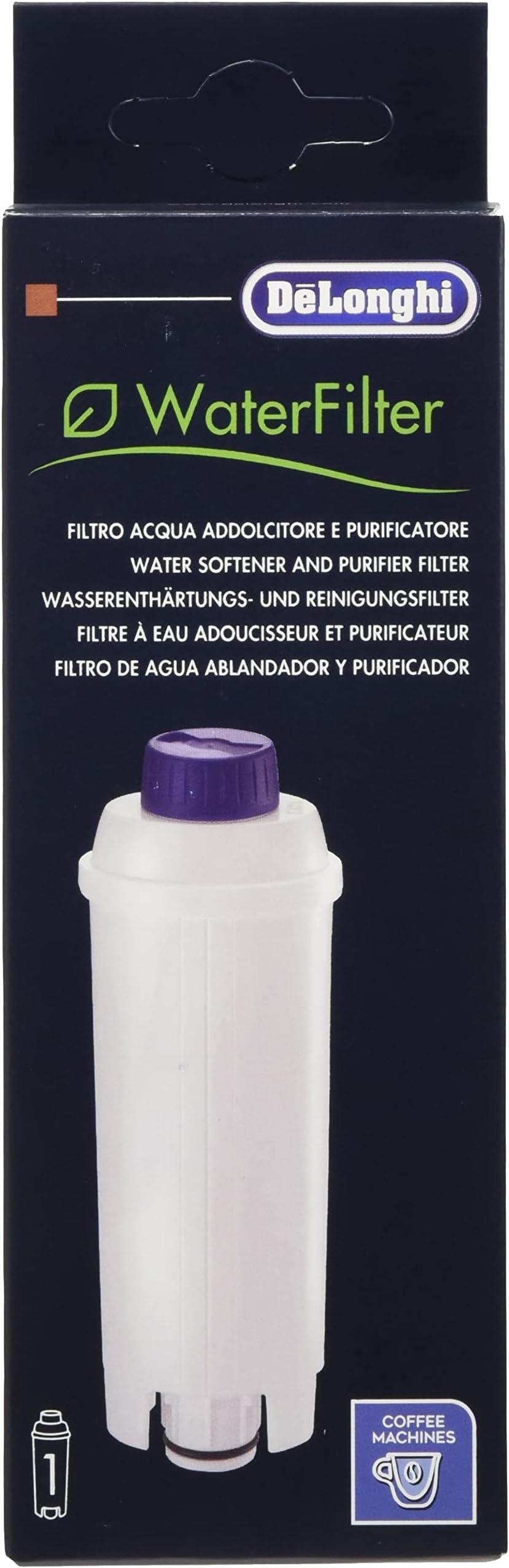 De'Longhi Water Filter, Purifier & Sweetener, Reduces Limescale, Filters Contaminants, Improves Coffee Flavor, Easy Installation, Lasts Up to 2 Months, Suitable for All Coffee Machines DLSC002