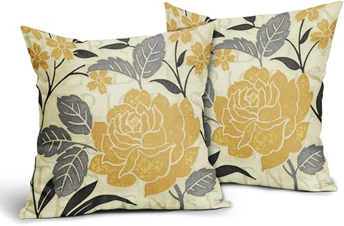 Kawani Juego de 2 fundas de almohada de flores grises y amarillas de 18 x 18 pulgadas, fundas de almohada de color amarillo mostaza, fundas de Kawani Juego de 2 fundas de almohada de flores grises y amarillas de 18 x 18 pulgadas, fundas de almohada de color amarillo mostaza, fundas de