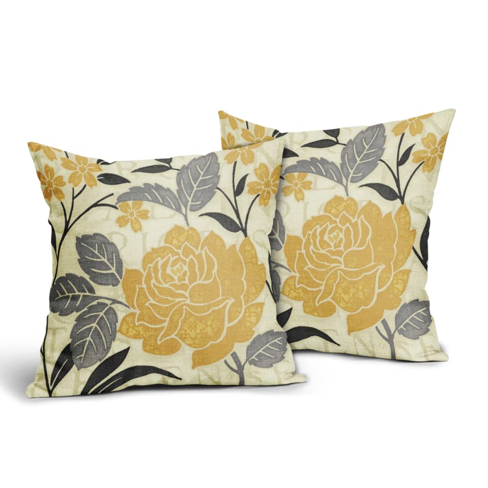 Kawani Grey and Yellow Flower Pillow Covers 18x18 Set of 2 Mustard Yellow Pillow Case Soft Decorative Spring Outdoor Pillow Covers Cotton Linen Leaf Pillowcases Decor Gifts for Home Patio Couch Sofa
