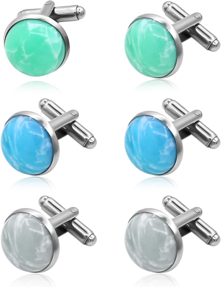 Mancornas de gemas para hombre, 3 pares, juego formal blanco azul verde