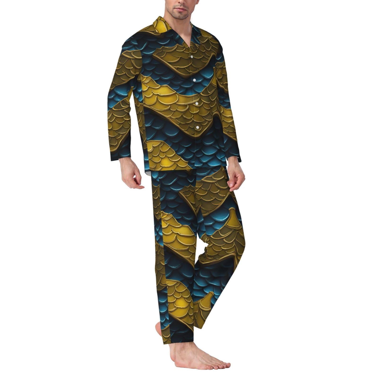 Herren-Pyjama-Set, langärmelig, Drachen-Schuppen-Druck, zweiteilig, bequem, Nachtwäsche