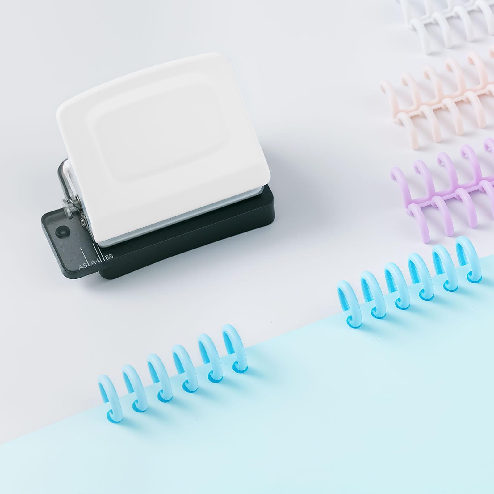 Spiral Binding Machine-Mini 6 Hole Puncher, DIY Creative Book Binder Machine for Planner, A4-30 Holes, A5-20 Holes, B5 26 Holes with 16 PCS 6-Hole Loose Leaf - White