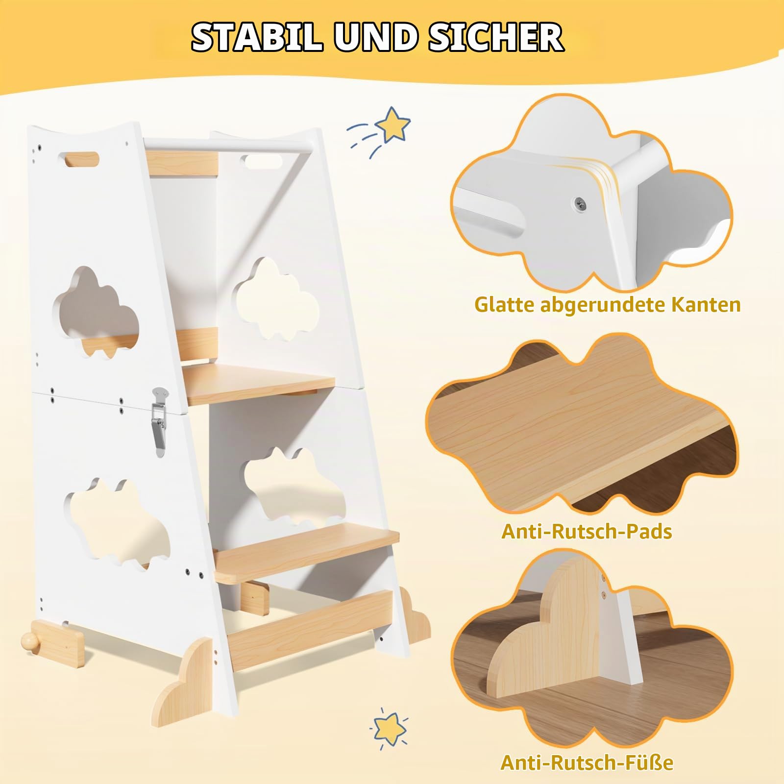 KIDINIX Lernturm ab 1 Jahr, 3 in 1 Montessori Learning Tower mit Sicherheitsgeländer und Tafel, Klappbarer Lernstuhl Kinder mit Tischfunktion für Küche, Bad (Natur & Weiß)
