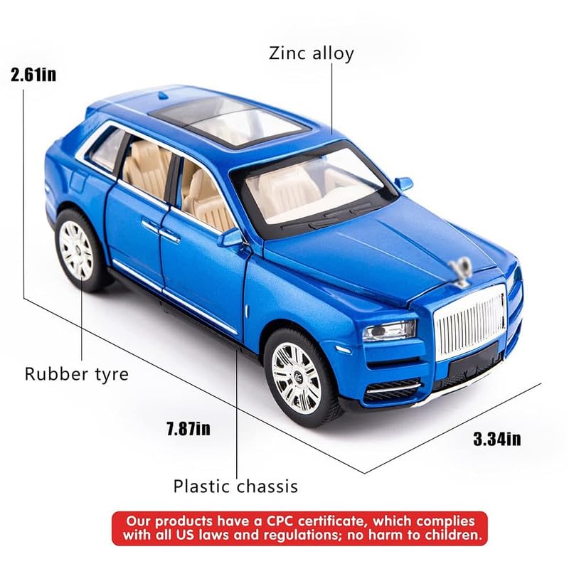 Image of Kids Model 1:24 RR Cullinan Die Cast Metal Car Pull Back Action Opening Doors with Realistic Engine Sound Lights Toy Car Gift for Boys - Blue