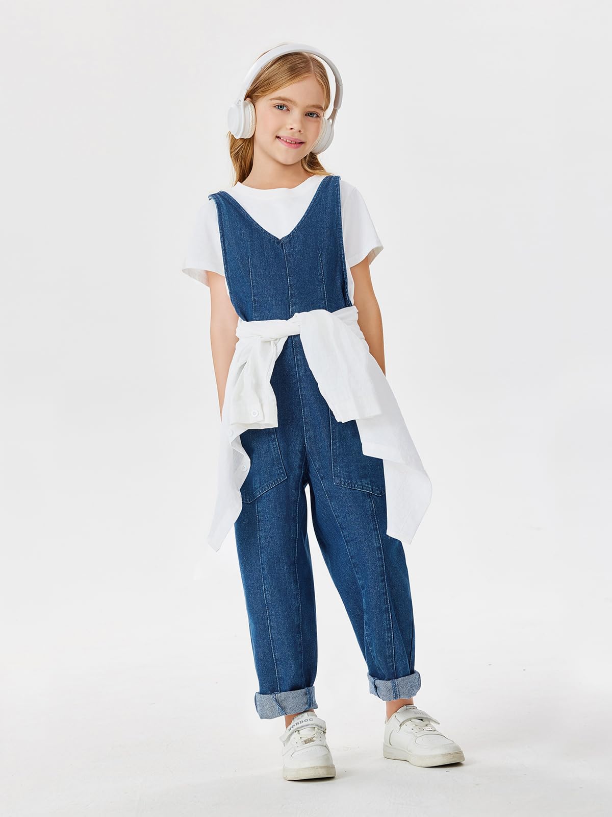 Haloumoning Tuta intera da ragazza in denim senza maniche con scollo a V spalline regolabili jeans pantaloni maglioni con tasche