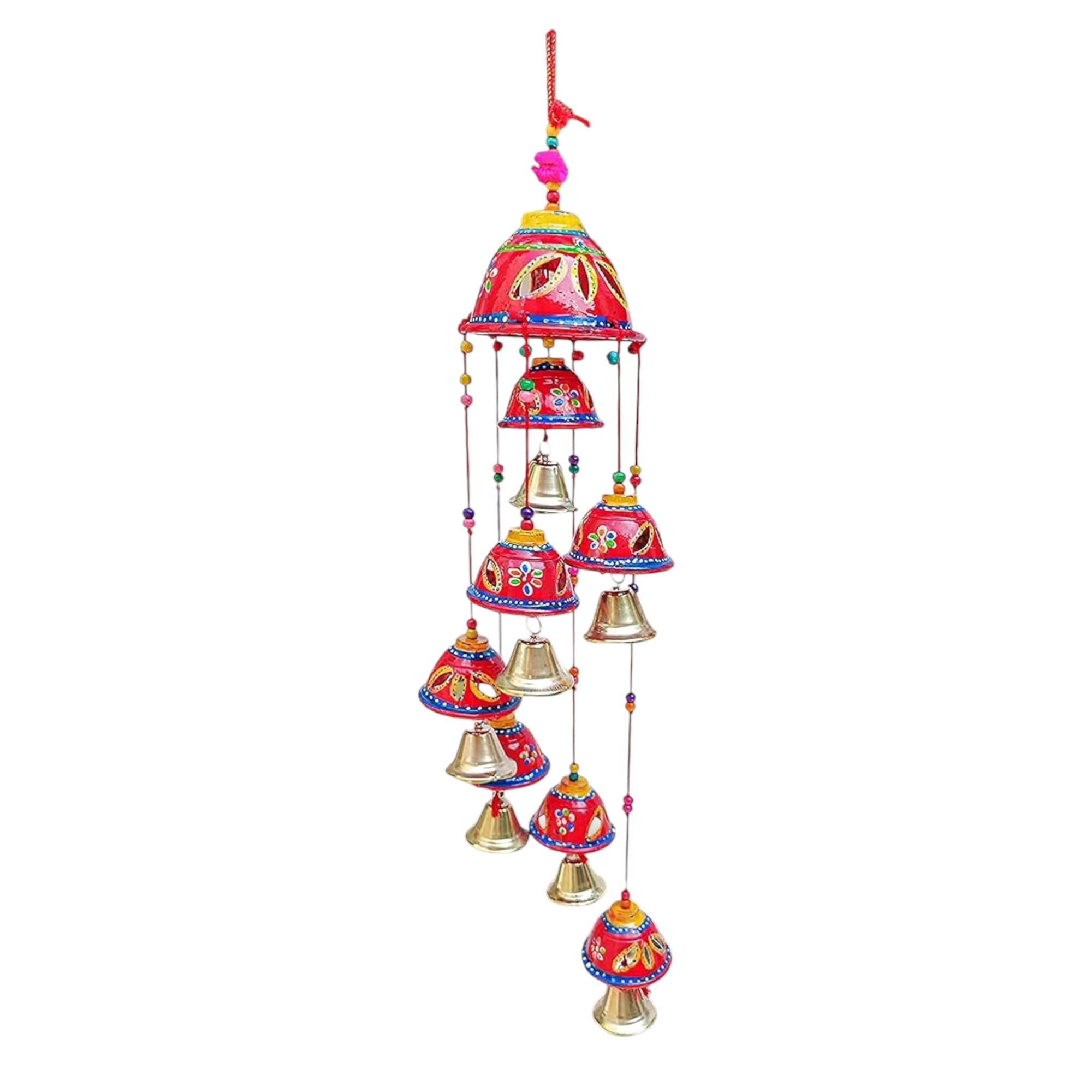 wind chimes for home positive energy | rajasthani painting design 7 bells | decorative wall hanging chime | feng shui rustic wall art | diwali decoration | indian home decor gift