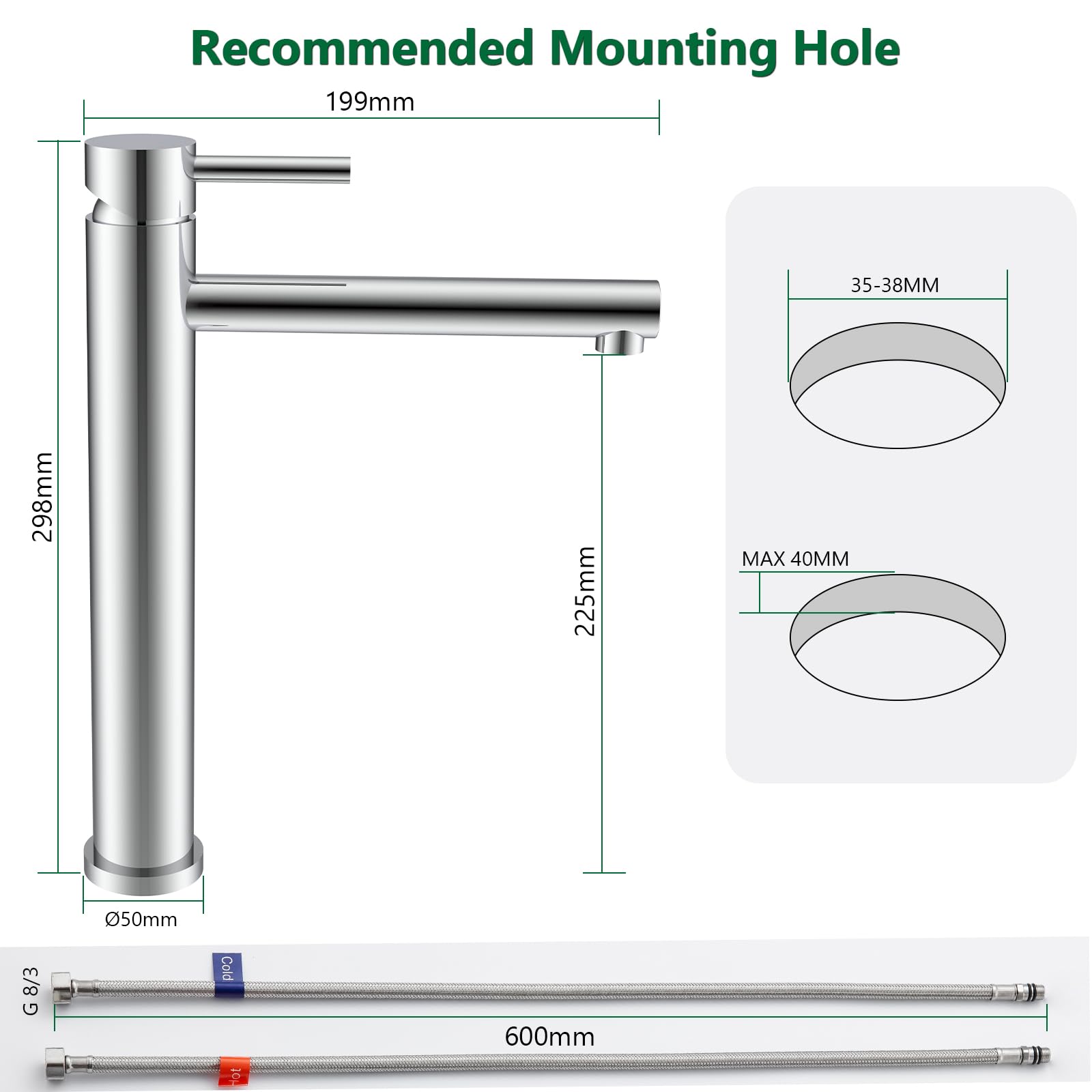 Wasserhahn Bad Hoch Chrom, Waschtischarmatur aus Edelstahl | Waschbecken Armaturen mit Auslauf Höhe 225mm, Einhand Badarmatur Mischbatterie für Aufsatzwaschbecken, Badezimmer, Gäste-WC