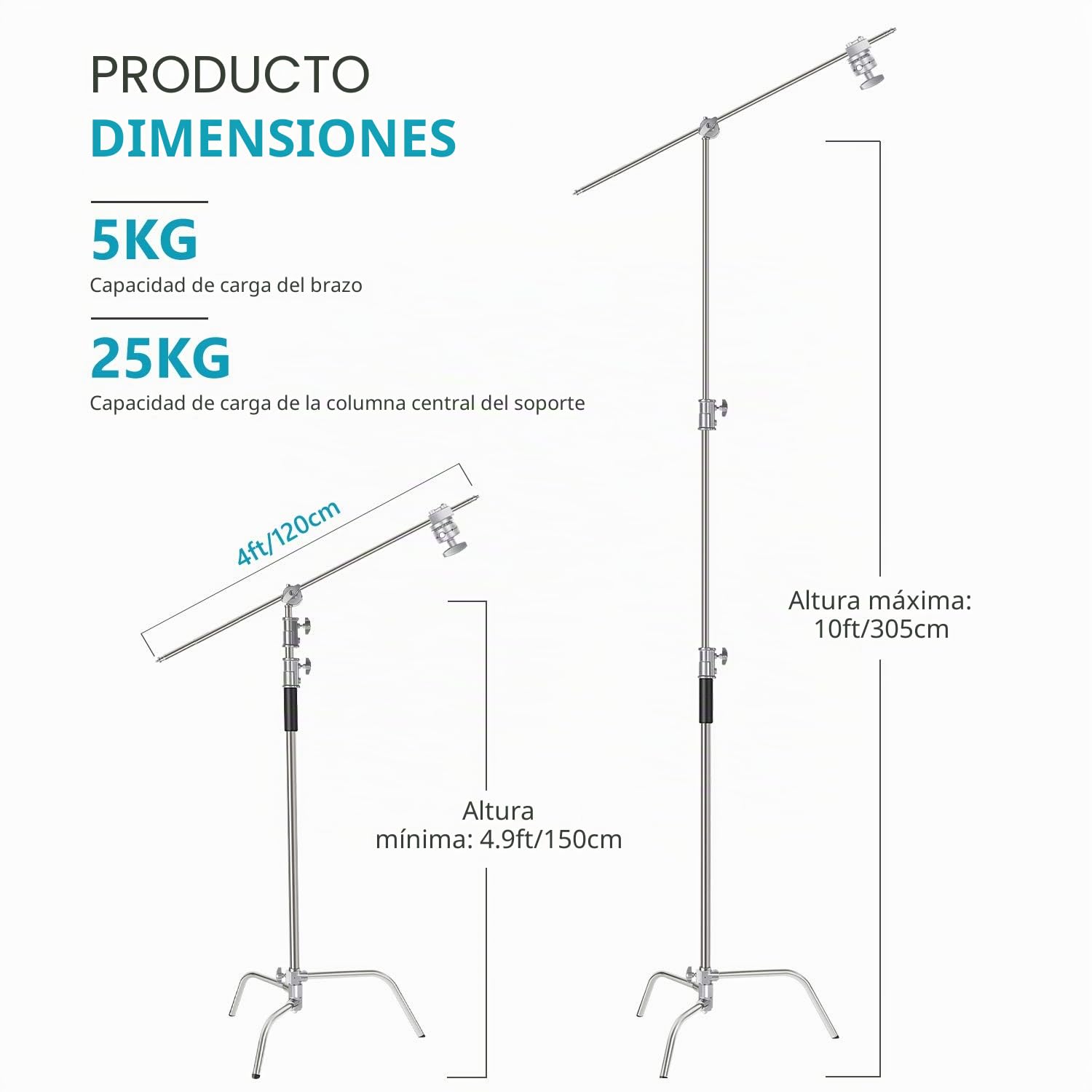NEEWER Soporte Luz en C 3m,Tripode C Stand y Brazo Extensión 1,2m Cabeza Agarre 2 Piezas y Bolsa,Soporte de Iluminación para Fotografía Estudio Softbox Reflector Paraguas Monolight(Versión Básica)