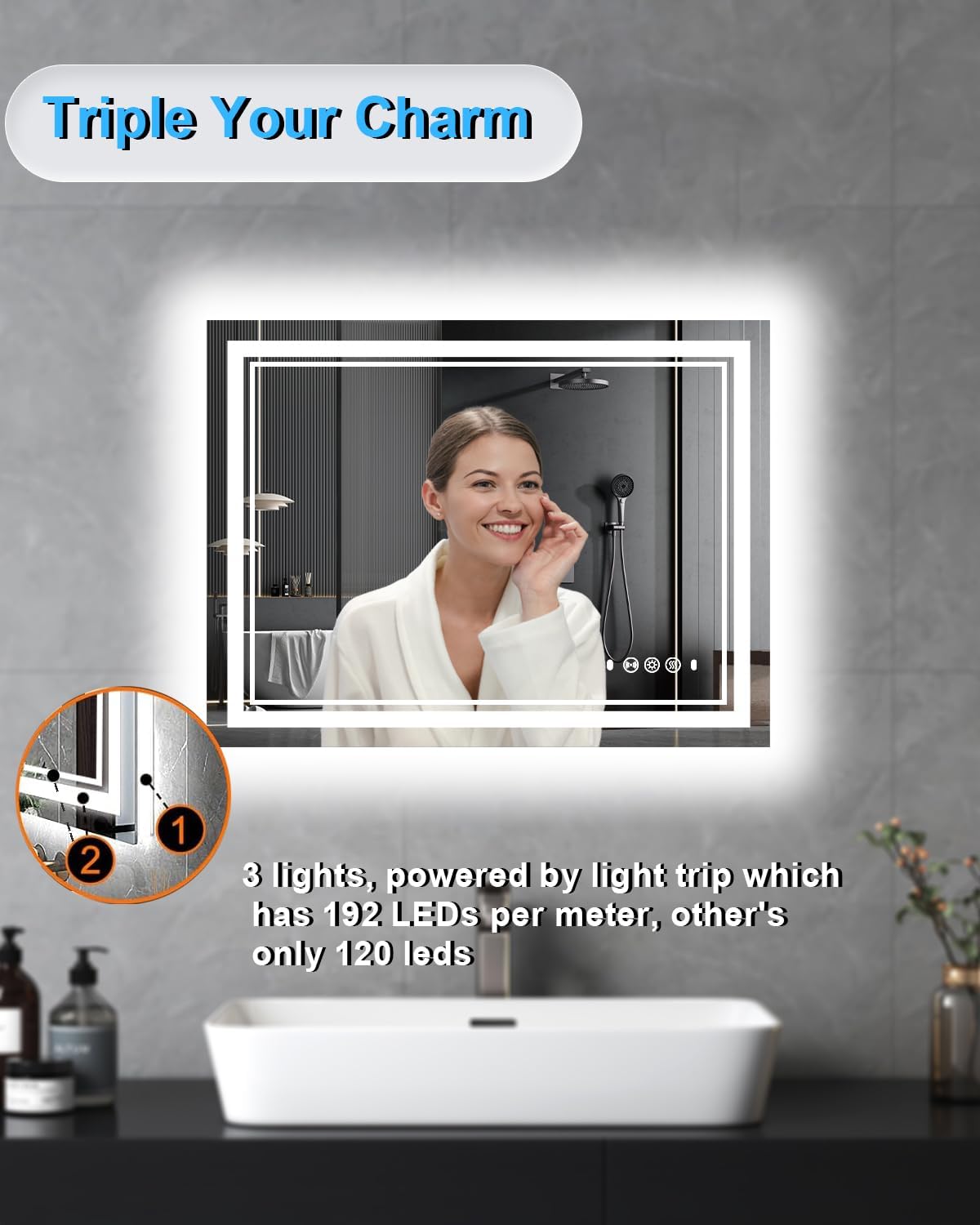 28x36 Inch Lighted Mirrors for Bathroom Wall, Smart LED Bathroom Vanity Mirror, Accurate Human Sensor, 3 Colors Stepless Dimmable, Fast Anti-Fog, Tempered Glass, Easy Installation