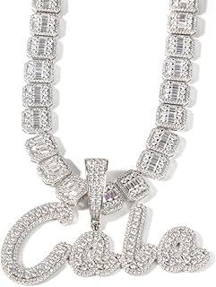 Iced Out Custom Name Necklace Personalized with Cuban Link Chain for men and Women, Hip Hop 14k Real Gold Plated Initial Letter Pendant Necklaces, Handmade Customized Nameplate Jewelry Gifts for Girls