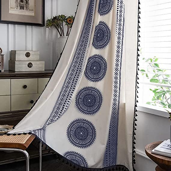 Image of Urban Space Boho Decorative Curtains for Long Door, 100% Cotton Curtain 8 Feet Long, Set of 1 Curtains with Tassels, 60-65% Room Darkening Curtain with Tieback and Eyelets(Trellis Blue, 8 Feet)