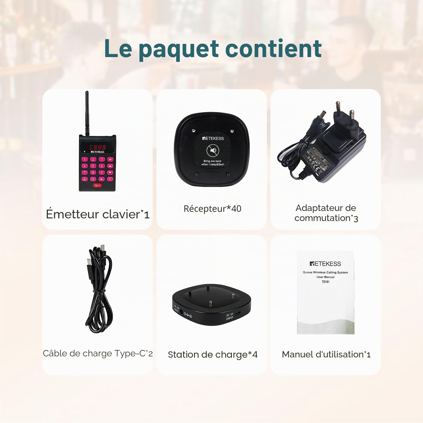Retekess TD161 Bipeur Restaurant, 500M Bip Restaurant, 40 Bippers, Clavier Amovible, Facile à Installer, Bouton Muet, Bipeurs Client pour Food Court, Entertainment Centre, Resort