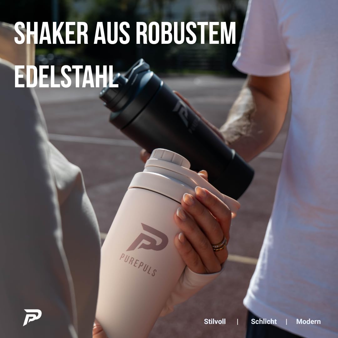 Protein Shaker Edelstahl 750 ml Schwarz — Doppelwandig Isoliert, Auslaufsicher mit Schraubverschluss, Mix-Ball inklusive & Frucht-Infuser, 304 Edelstahl, BPA-frei, Spülmaschinenfest (45°)