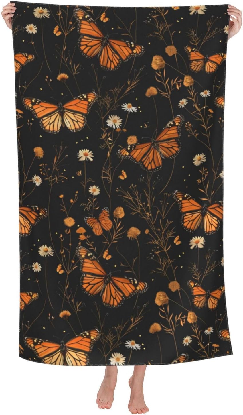 Monarch Butterfly Beach Towel,32x52in Microfiber Quick Dry Cute Wildflower Vintage Floral Flower Black Bath Towels,Soft Lightweight Oversized Sand Free,for Travel Pool Swimming Gym Decor,Gifts