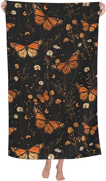 Monarch Butterfly Beach Towel,32x52in Microfiber Quick Dry Cute Wildflower Vintage Floral Flower Black Bath Towels,Soft Lightweight Oversized Sand Free,for Travel Pool Swimming Gym Decor,Gifts