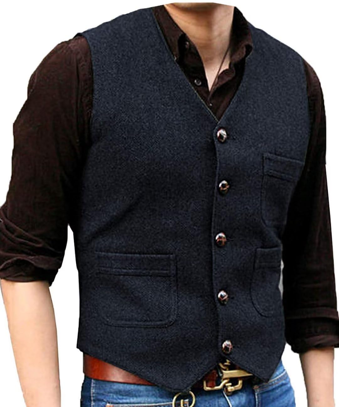 DREFEEL Mens Vintage Tweed Suit Vest V Neck Casual Wool Waistcoat for Wedding Groomsmen Men's Formal Vest