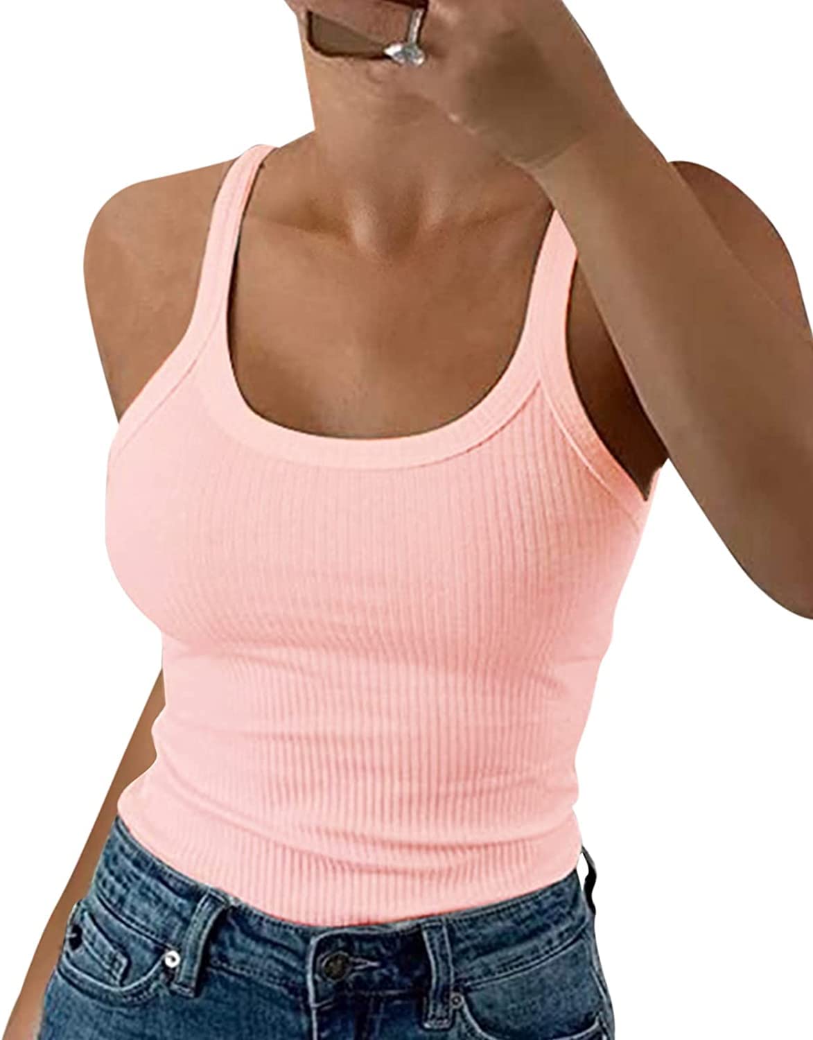 Wenrine Damen Tops Sommer Sexy U-Ausschnitt Gerippt Spaghetti Top Slim Fit Cami Einfarbig(Rosa,XS)