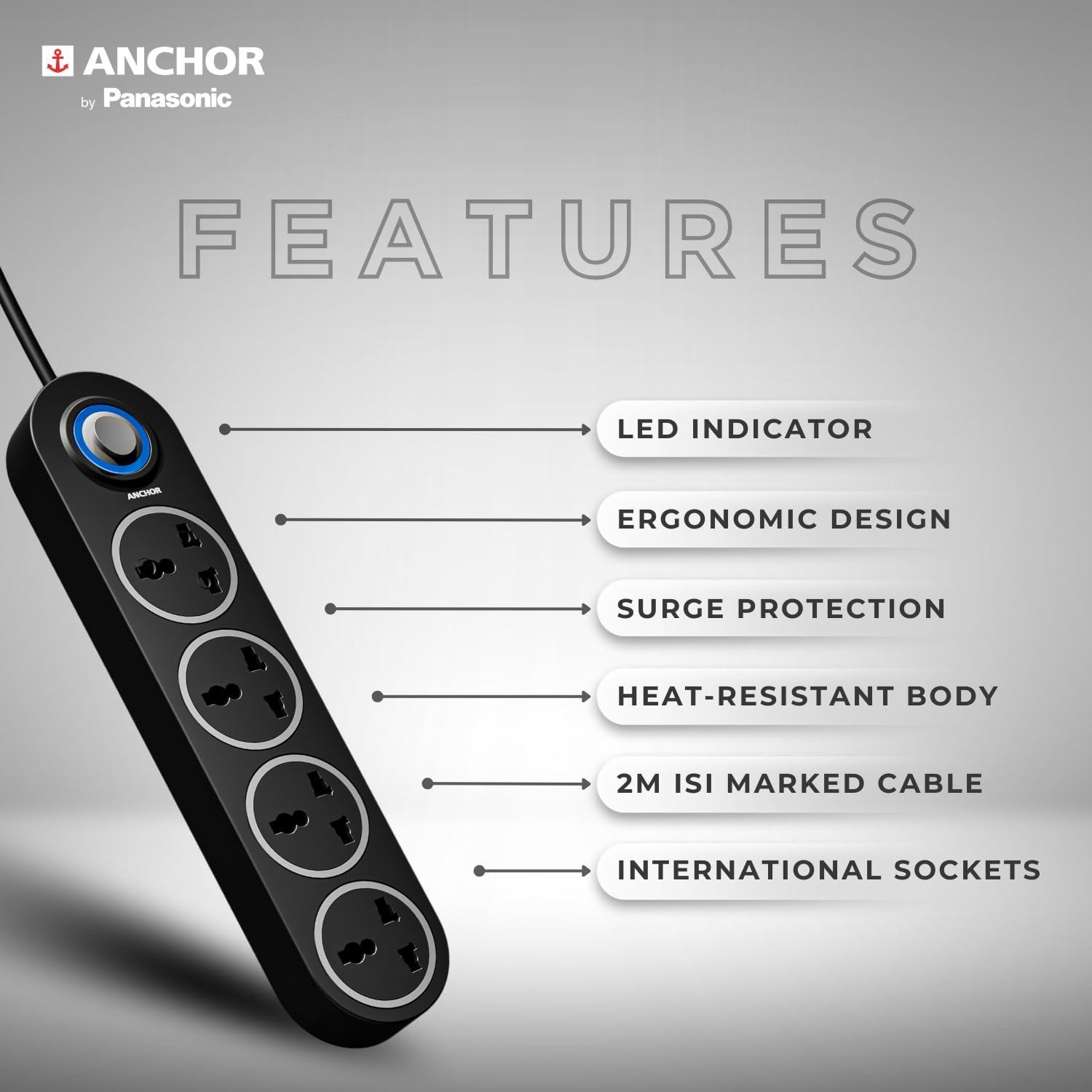 Anchor by Panasonic 4 Universal Socket Extension Board, 6A Spike Guard with 2-Meter Heavy Duty Cord for Home and Office Usage, 4 Way Power Strip with LED Indicator, Matt Finish 2