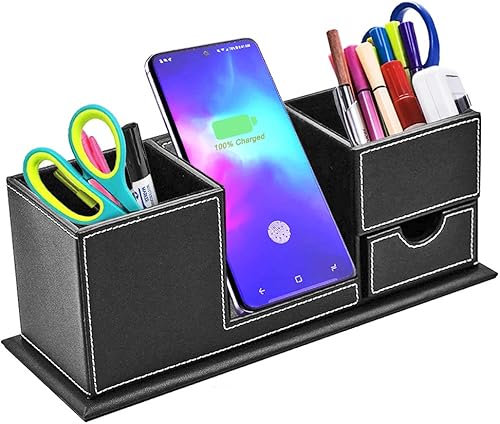 TKDY Organizador de escritorio con soporte para bolígrafo y cargador inalámbrico rápido, soporte habilitado para QI para teléfono celular,