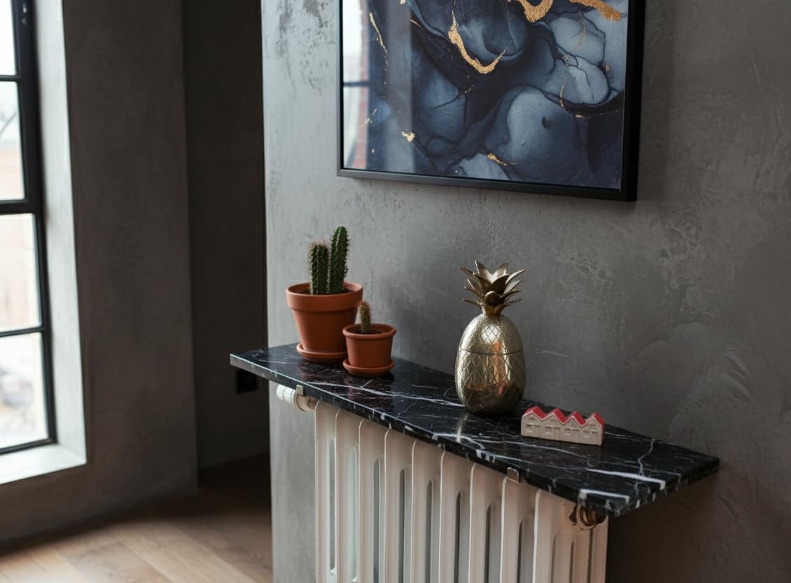 Merveille - Tablette Radiateur sans Percer - Étagère Marbre Noire Naturel - Épaisseur 20 mm - Résistance Humidité + Chaleur, 100°C - Fabrication Française (60x16cm)