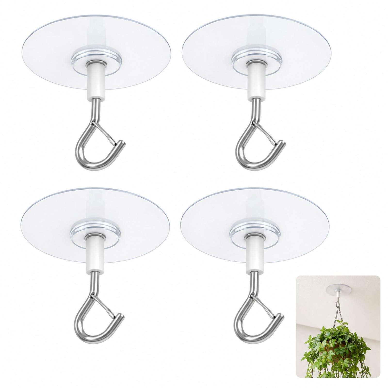 4 Pack Heavy Duty No Drill Adhesive Ceiling Hooks for Indoor Outdoor Plants