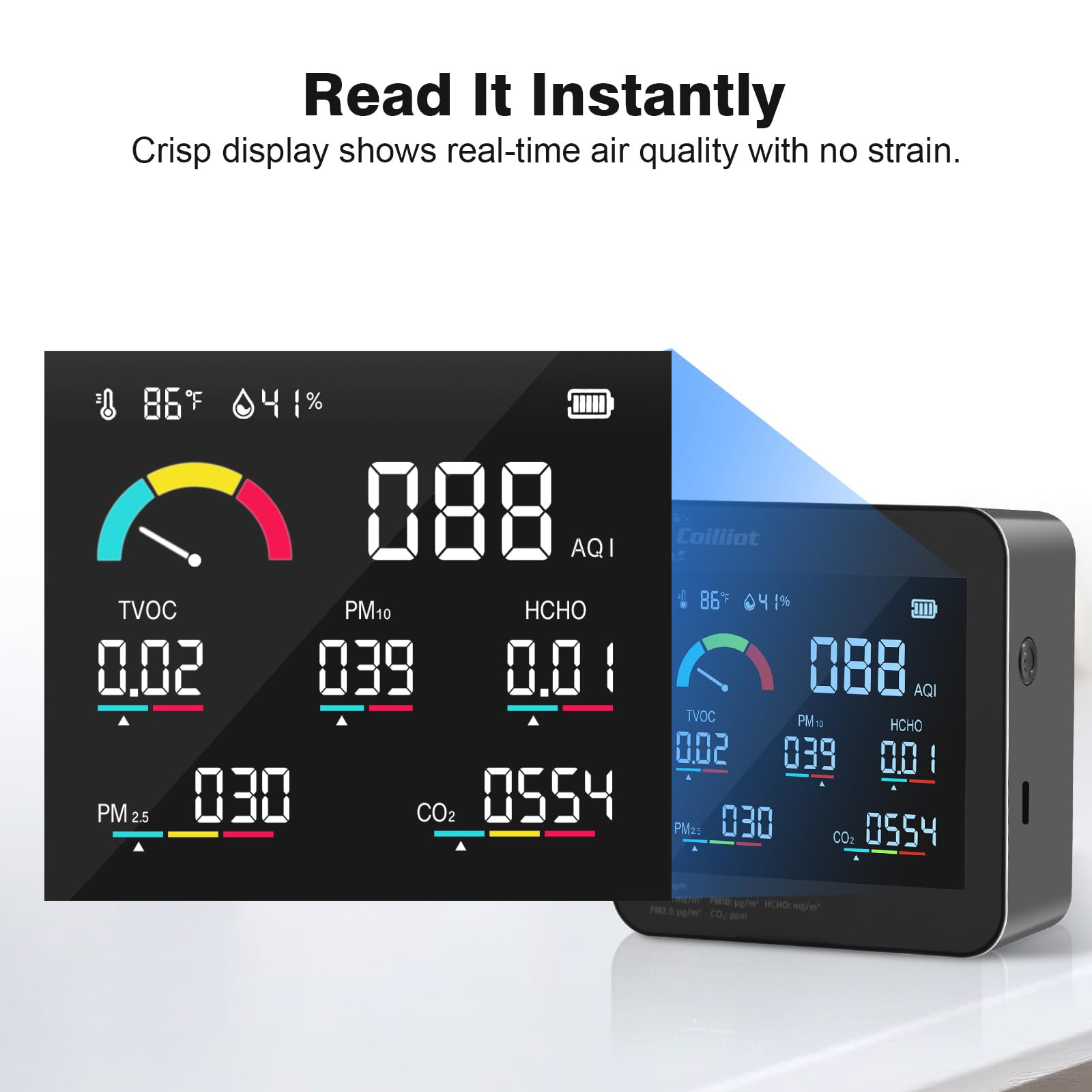 Luftqualitätsmonitor für den Innenbereich, CO2 HCHO TVOC PM2.5/PM10 Detektor mit Temperatur & Luftfeuchtigkeitsmesser, Echtzeit-AQI-Tester für Home Office (Schwarz)