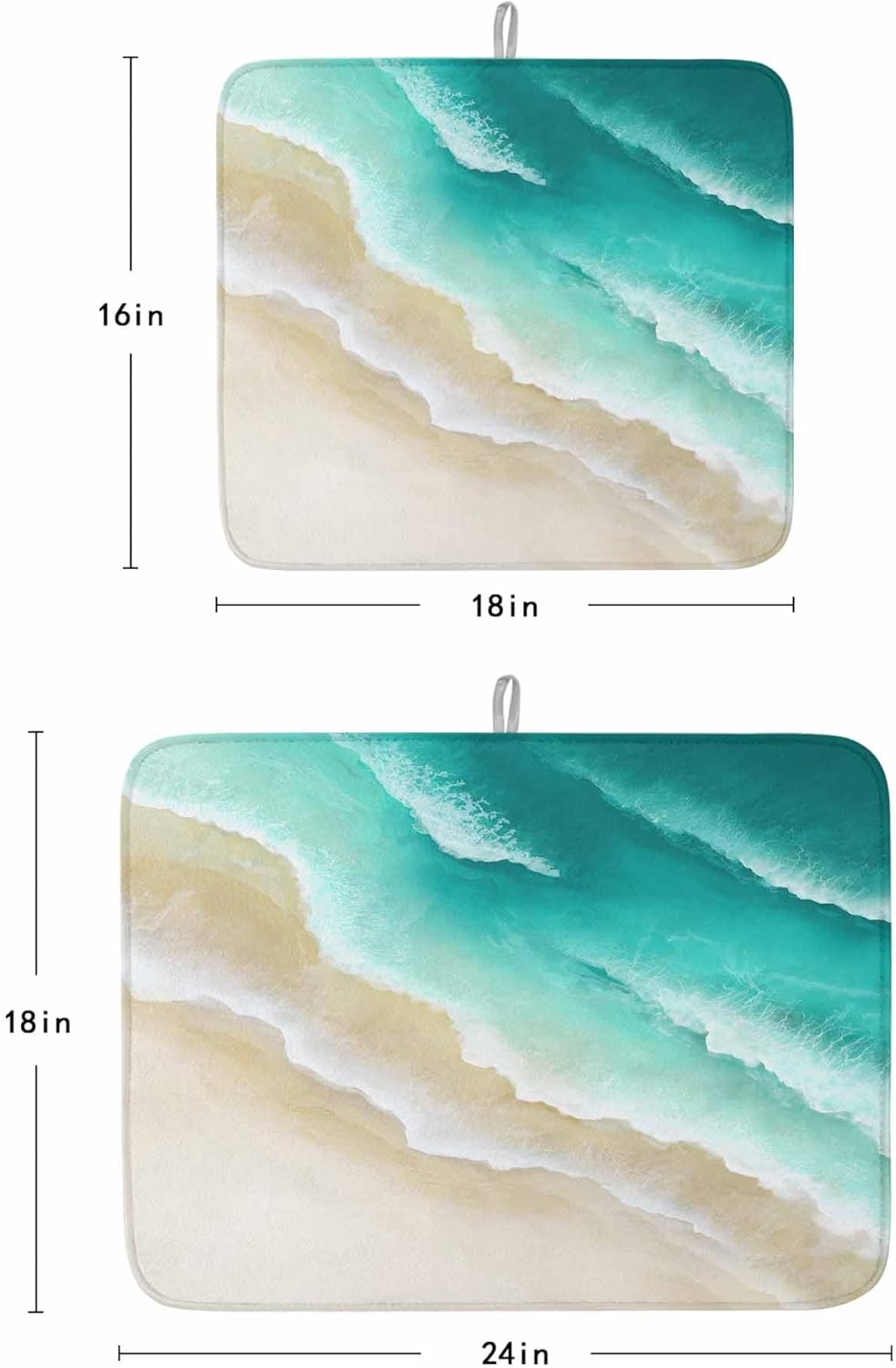 Turquoise Ombre Oceans Dish Drying Mat for Kitchen Counter, Microfiber Dishes Drainer Mat Rack Pad, Watercolor Summer Coastal Beach Waves Absorbent Dish Bottle Drying Mats, 18''x24'', 2 Pack