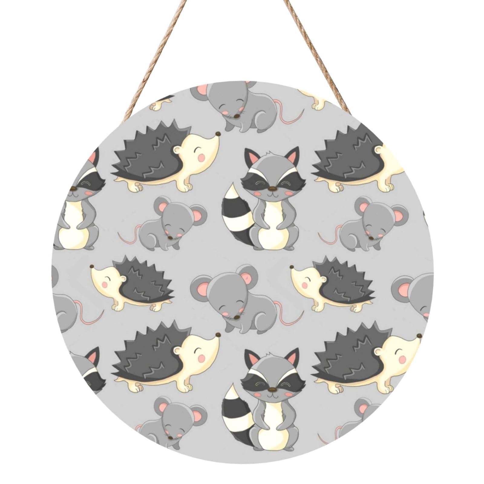 InOmak Grey Background Hedgehogs Mice Raccoon, Round Wood Panel Painting 12 in, Wall Hanging Painting For Home