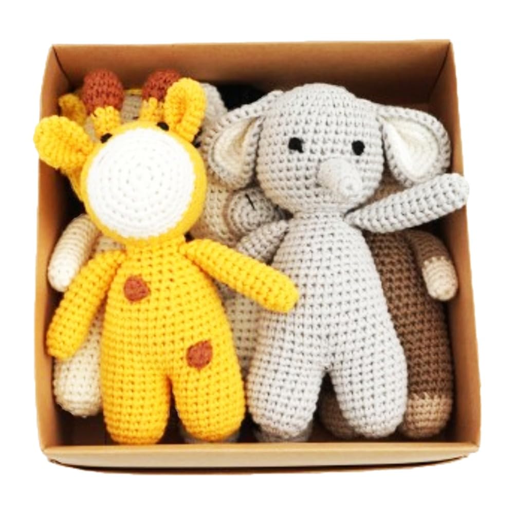 KITA Zoo Gift Box - 5 Piece Cute Crochet Animal Gift Box Set Includes Elephant, Giraffe, Lion, Monkey & Zebra - Amigurumi Soft Stuffed Plush Toy for Children, Babies, Animals, Gifts