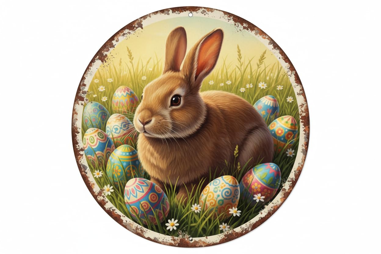 Spring Easter Sign Easter Eggs Rabbit Round Metal Tin Sign Vintage Wall Art for Home Farmhouse Kitchen Living Room 12x12inch