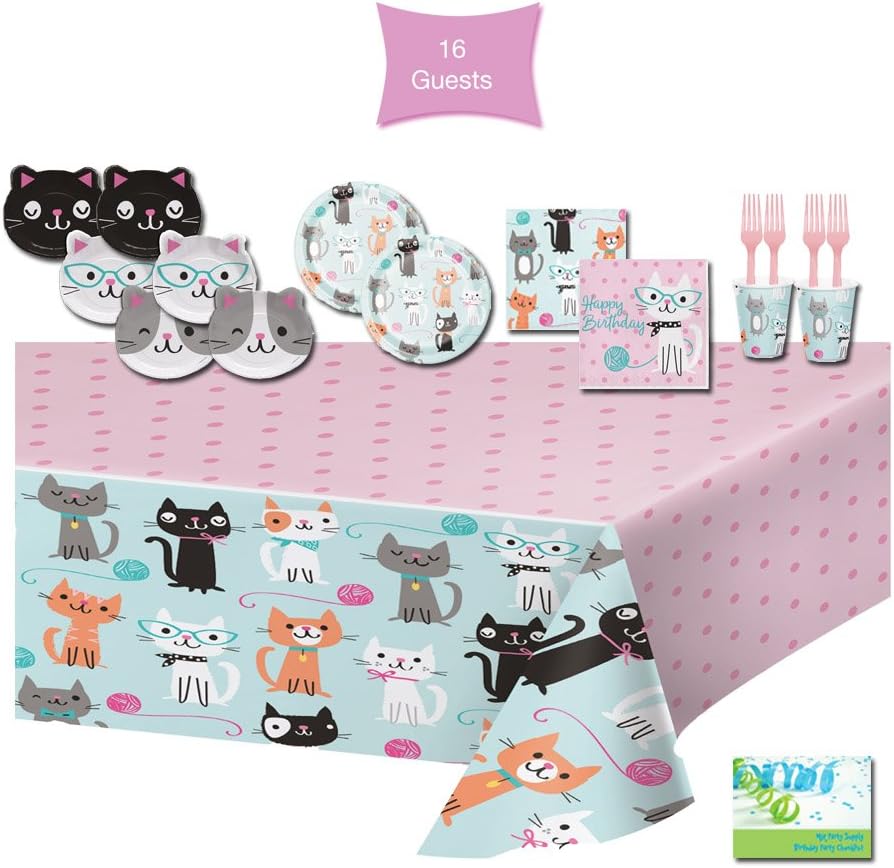 Cat Party Supplies Cat Themed Birthday Party Supplies - Tableware for 16 Guests - Plates, Napkins, Cups, Forks, & Tablecloth
