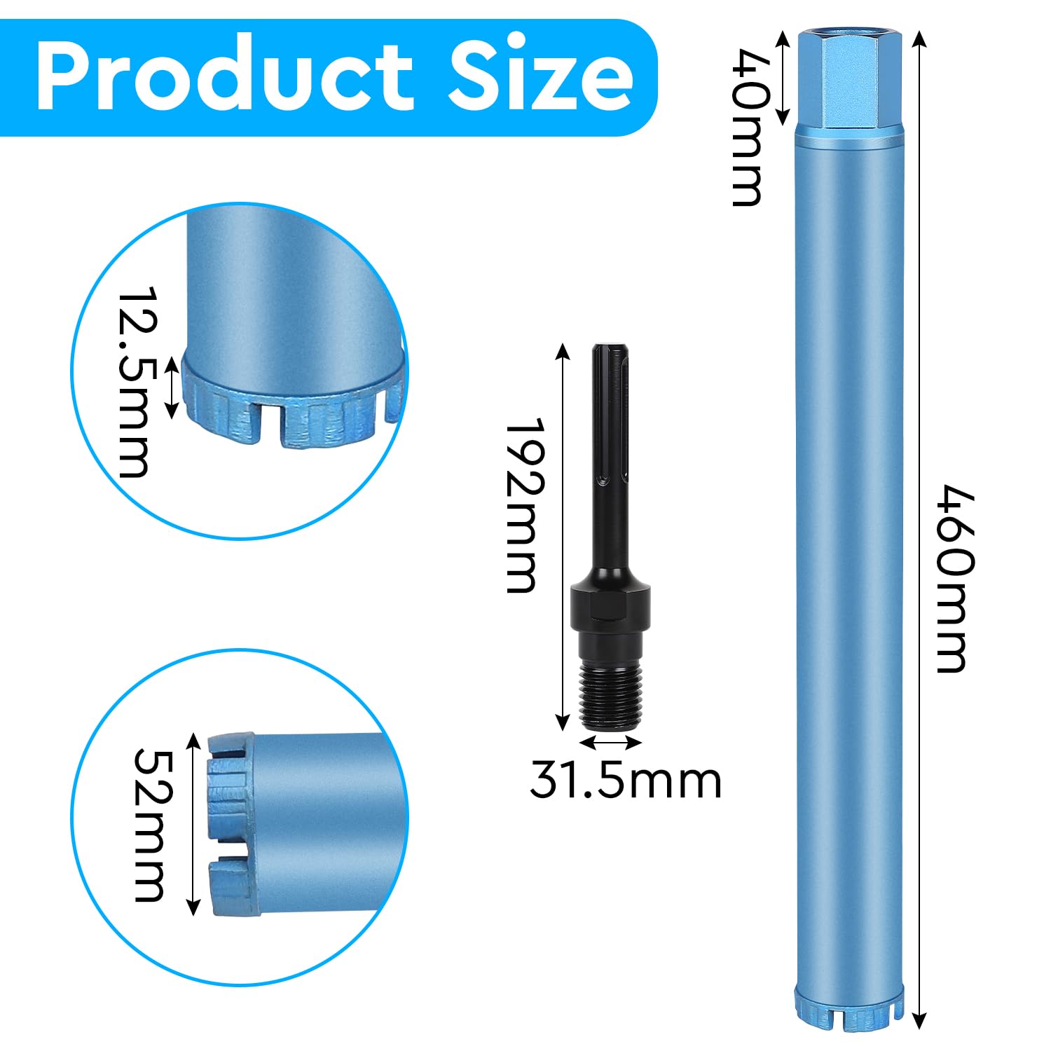 CPROSP Corona Diamantata Ø 52mm L 460mm, Adattatore SDS MAX 1 1/4" UNC, Carotatrice per Corature in Calcestruzzo, Cemento Armato, Muratura e Pietrara